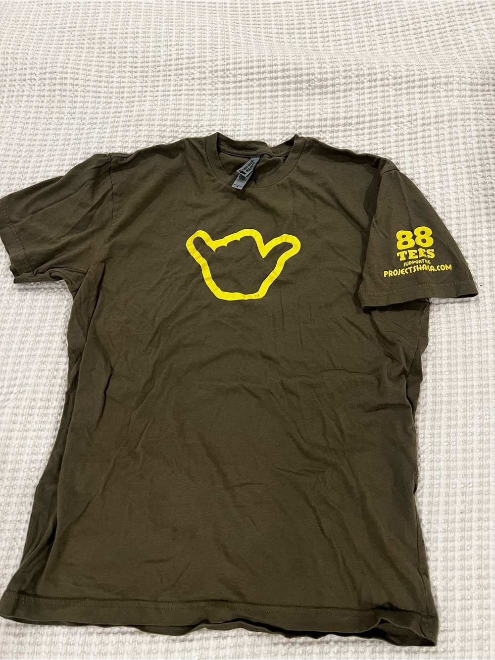 88Tees Project Shaka Olive Green Tee with Yellow Shaka Graphic